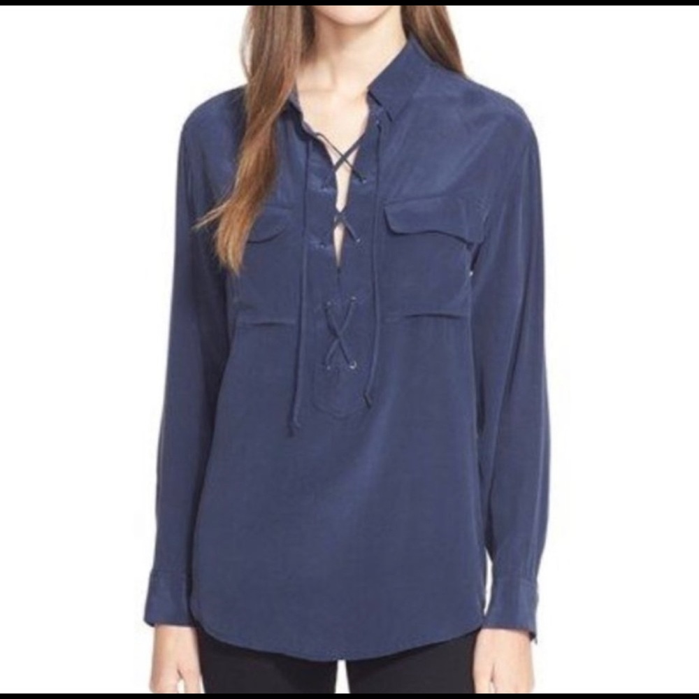 Equipment Navy Laceup Long Sleeve Blouse